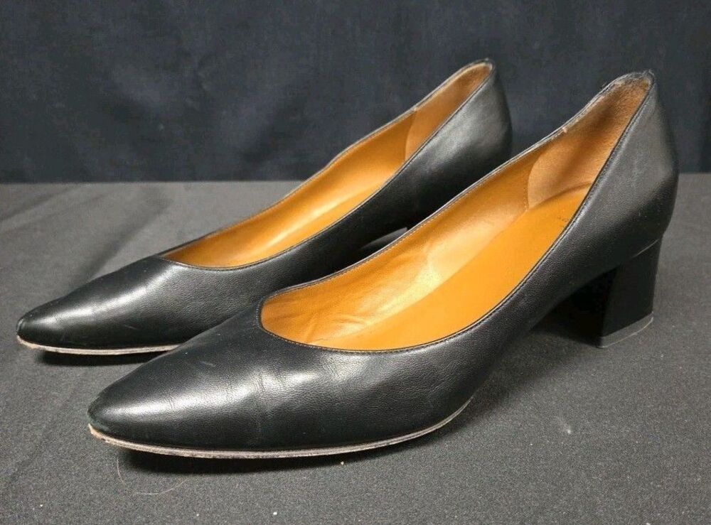 Aquatalia Womens Pasha Black Leather Pump Size 8.5 Chunky Block Heel
